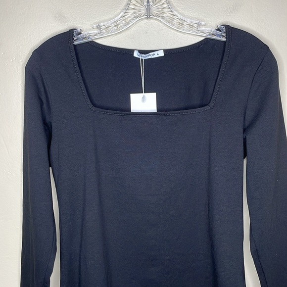 MANGOPOP Bodysuit Black Long Sleeve Square Neckline Stretchy Snap Crotch NWT Lg - Picture 5 of 11